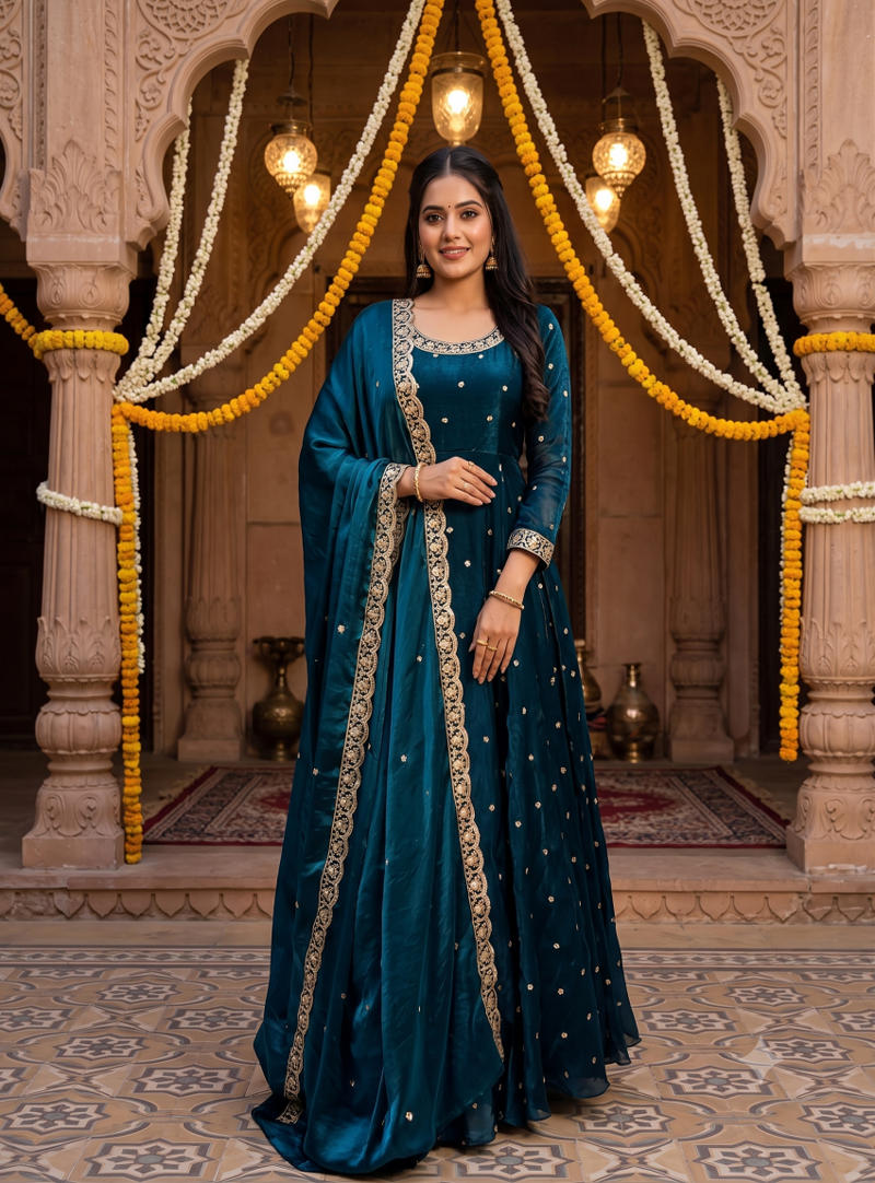 Women's latest designer embroidery anarkali gown with dupatta set
