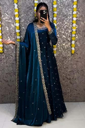 Women's new trendy latest designer embroidery anarkali gown with dupatta set