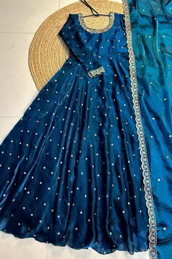 Women's new trendy latest designer embroidery anarkali gown with dupatta set