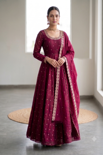 Women's latest designer embroidery anarkali gown with dupatta set
