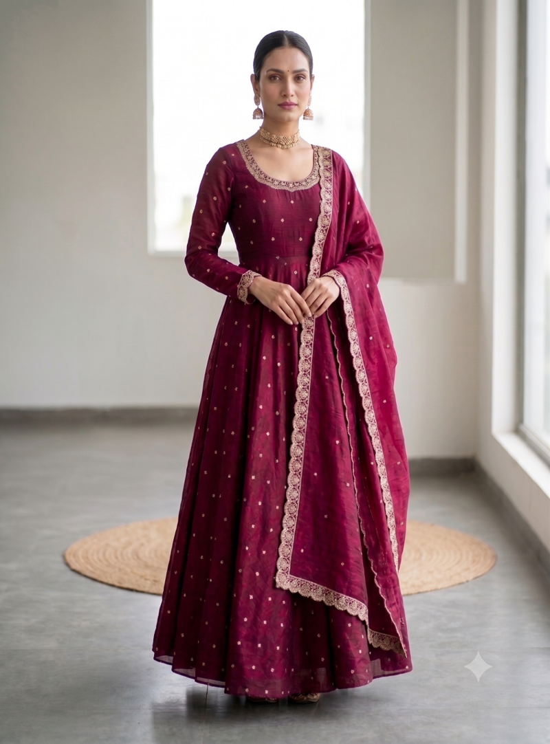Women's latest designer embroidery anarkali gown with dupatta set
