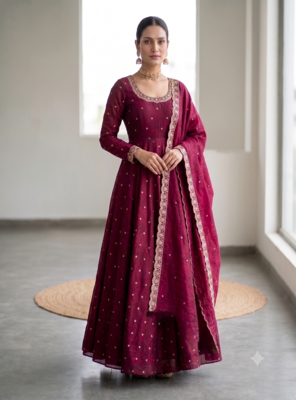 Women's latest designer embroidery anarkali gown with dupatta set 1