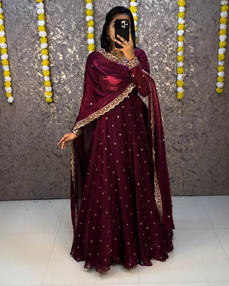 Women's  new trendy latest designer embroidery anarkali gown with dupatta set