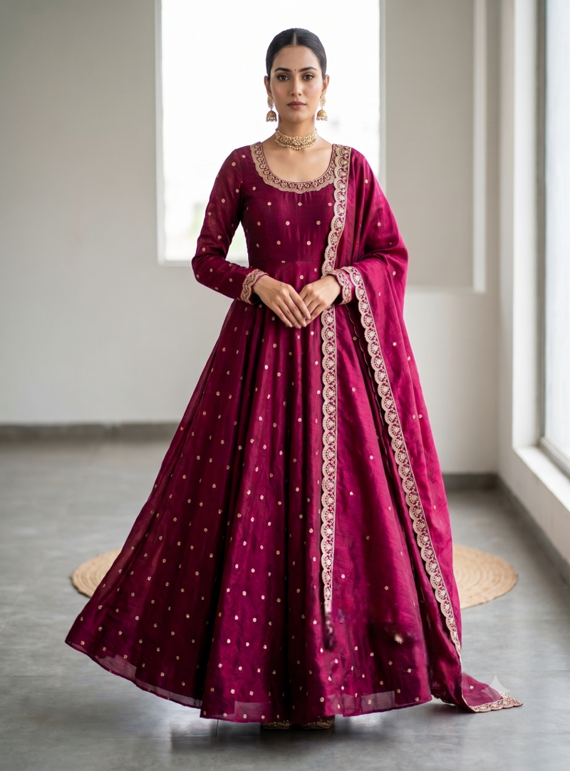 Women's latest designer embroidery anarkali gown with dupatta set