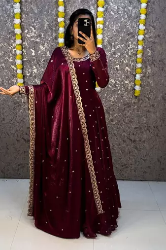 Women's new trendy latest designer embroidery anarkali gown with dupatta set
