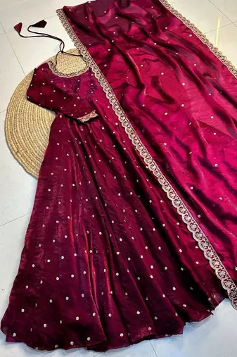 Women's new trendy latest designer embroidery anarkali gown with dupatta set