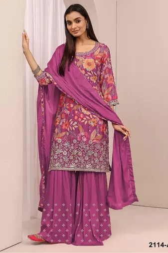 Rani pink chinon semi stitched suit with embroidery & sequin work
