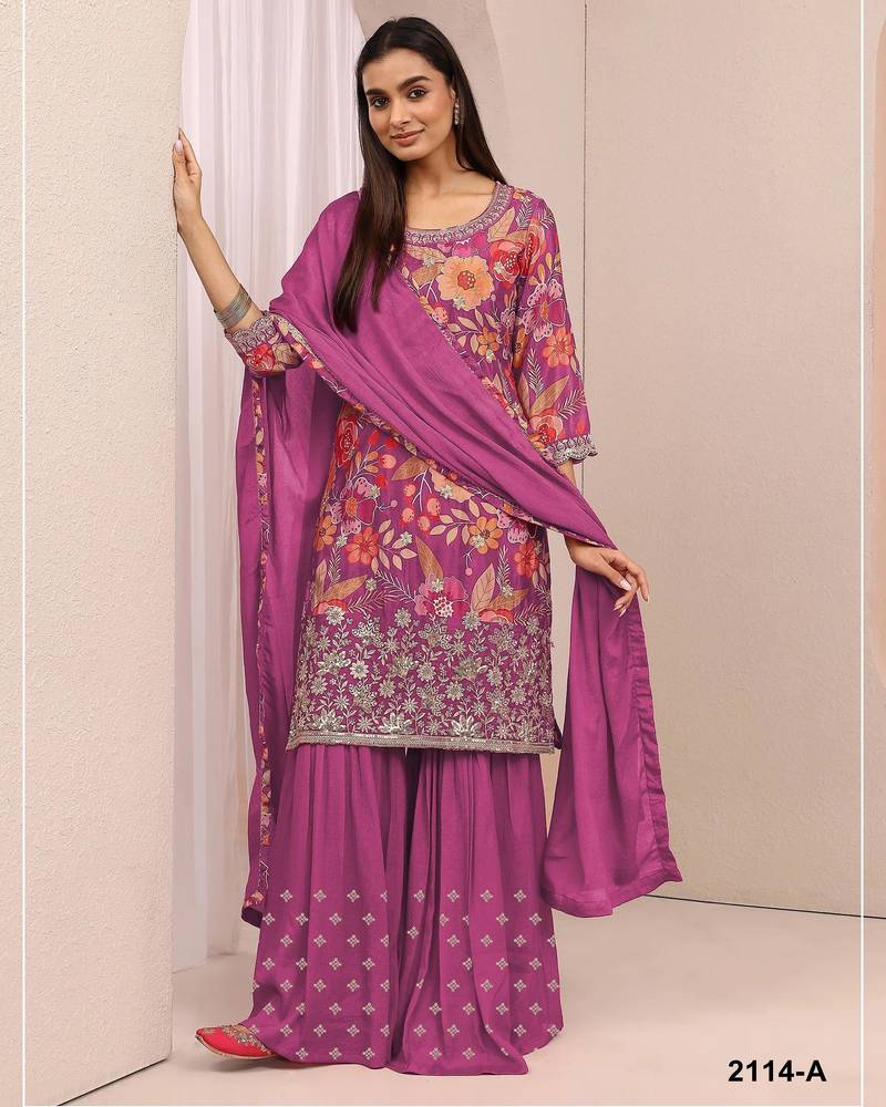 Rani pink chinon semi stitched suit with embroidery & sequin work
