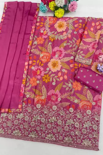 Rani pink chinon semi stitched suit with embroidery & sequin work