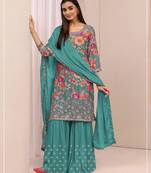 Blue chinon semi stitched suit with embroidery & sequin work
