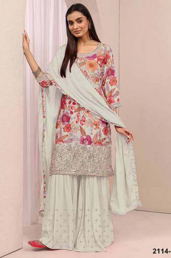 White chinon semi stitched suit with embroidery & sequin work