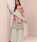 White chinon semi stitched suit with embroidery & sequin work