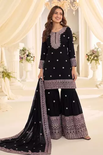 Black chinon readymade suit with embroidery & sequence work