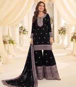 Black chinon readymade suit with embroidery & sequence work