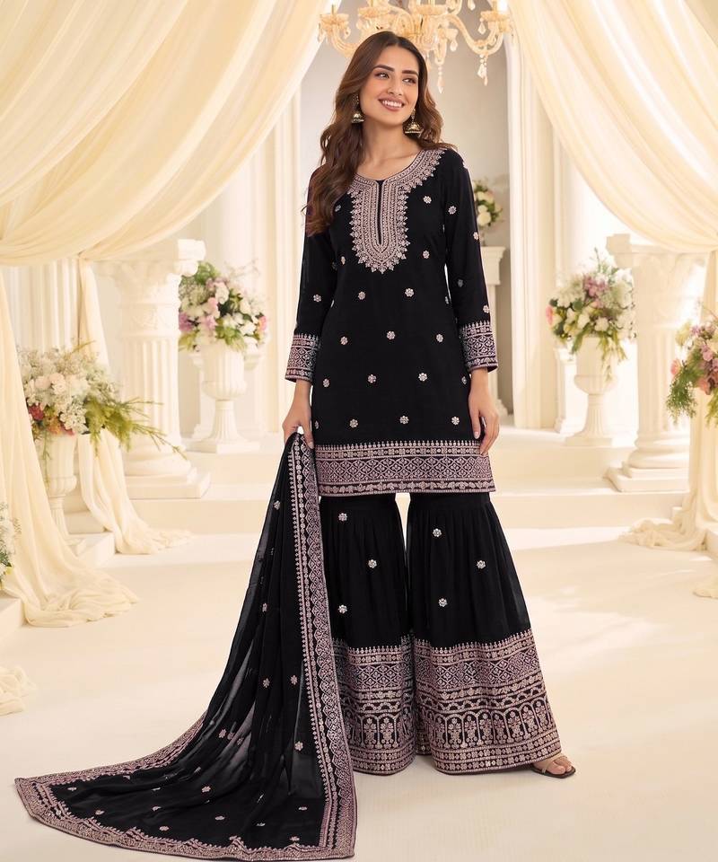 Black chinon readymade suit with embroidery & sequence work
