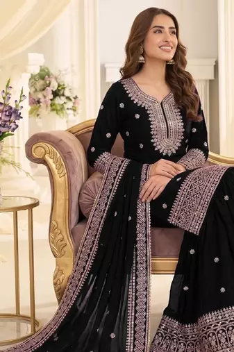 Black chinon readymade suit with embroidery & sequence work