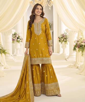 Mustard chinon readymade suit with embroidery & sequin  work 1