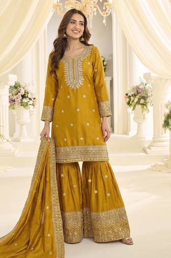 Mustard chinon readymade suit with embroidery & sequence work