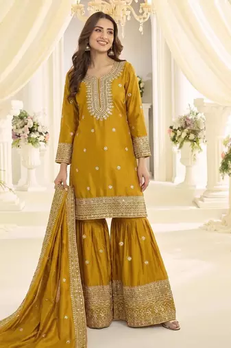 Mustard chinon readymade suit with embroidery & sequence work