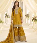 Mustard chinon readymade suit with embroidery & sequence work