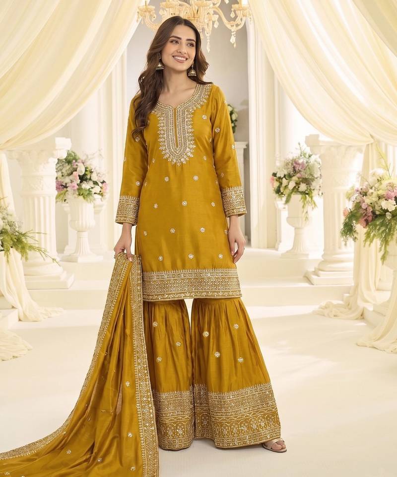 Mustard chinon readymade suit with embroidery & sequence work