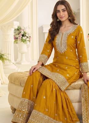 Mustard chinon readymade suit with embroidery & sequin  work 2