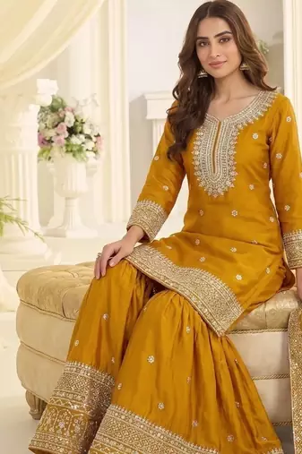 Mustard chinon readymade suit with embroidery & sequence work