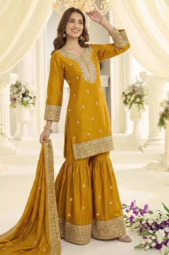 Mustard chinon readymade suit with embroidery & sequence work