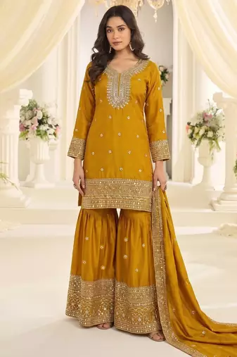 Mustard chinon readymade suit with embroidery & sequence work