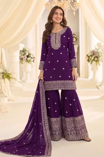 Violet chinon readymade suit with embroidery & sequence work