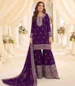 Violet chinon readymade suit with embroidery & sequence work
