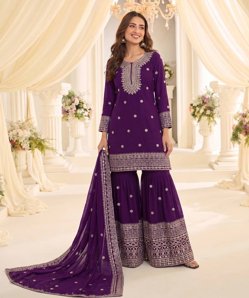 Violet chinon readymade suit with embroidery & sequence work