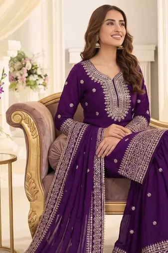 Violet chinon readymade suit with embroidery & sequence work