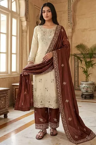 Brown silk readymade suit with embroidery & sequence work