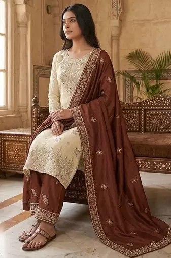 Brown silk readymade suit with embroidery & sequence work