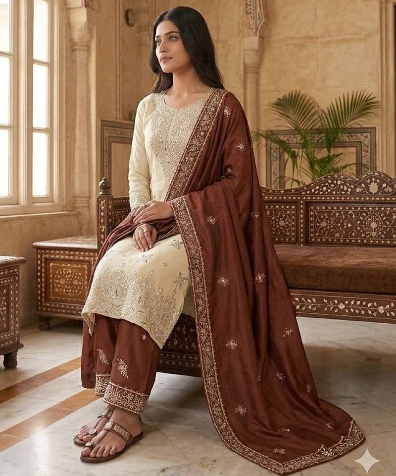 Brown silk readymade suit with embroidery & sequence work