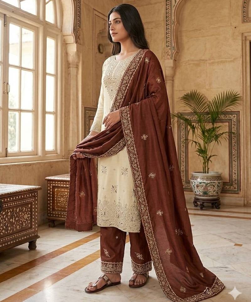Brown silk readymade suit with embroidery & sequence work