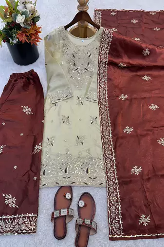 Brown silk readymade suit with embroidery & sequence work
