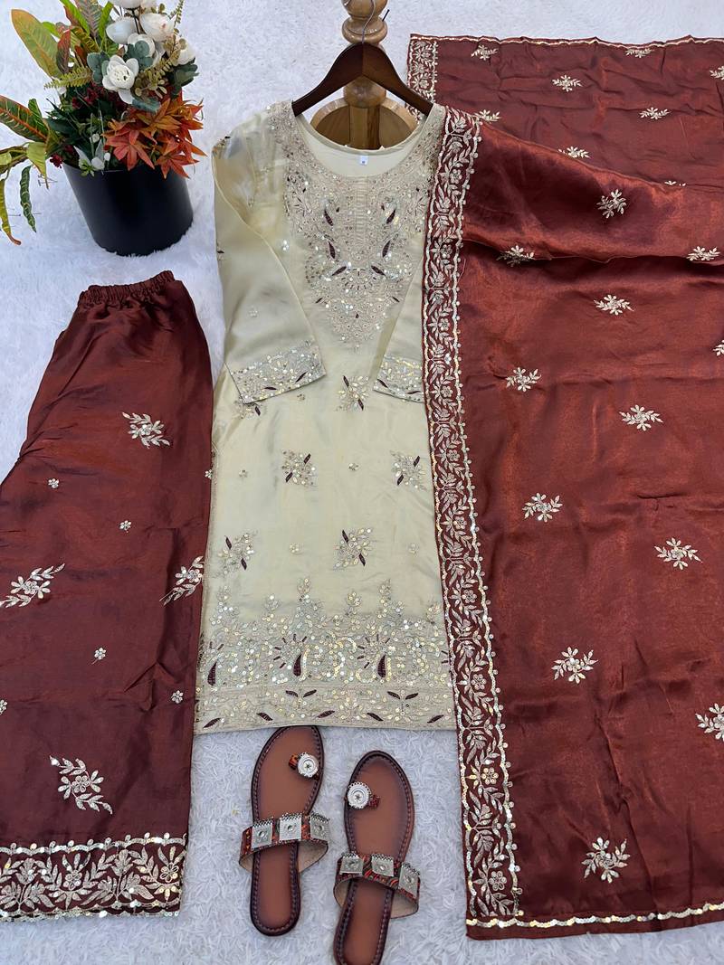 Brown silk readymade suit with embroidery & sequence work