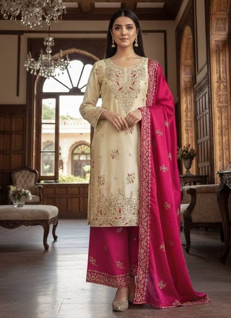 Pink silk readymade suit with embroidery & sequence work
