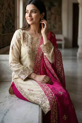 Pink silk readymade suit with embroidery & sequence work