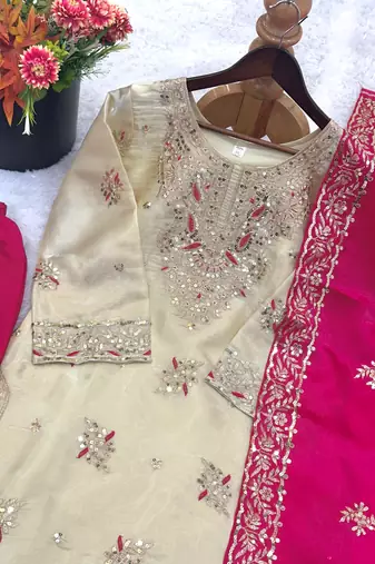 Pink silk readymade suit with embroidery & sequence work
