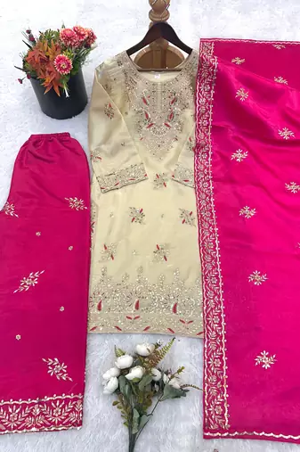 Pink silk readymade suit with embroidery & sequence work