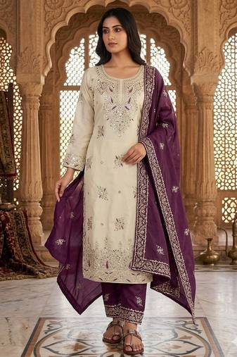 Purple silk readymade suit with embroidery & sequence work