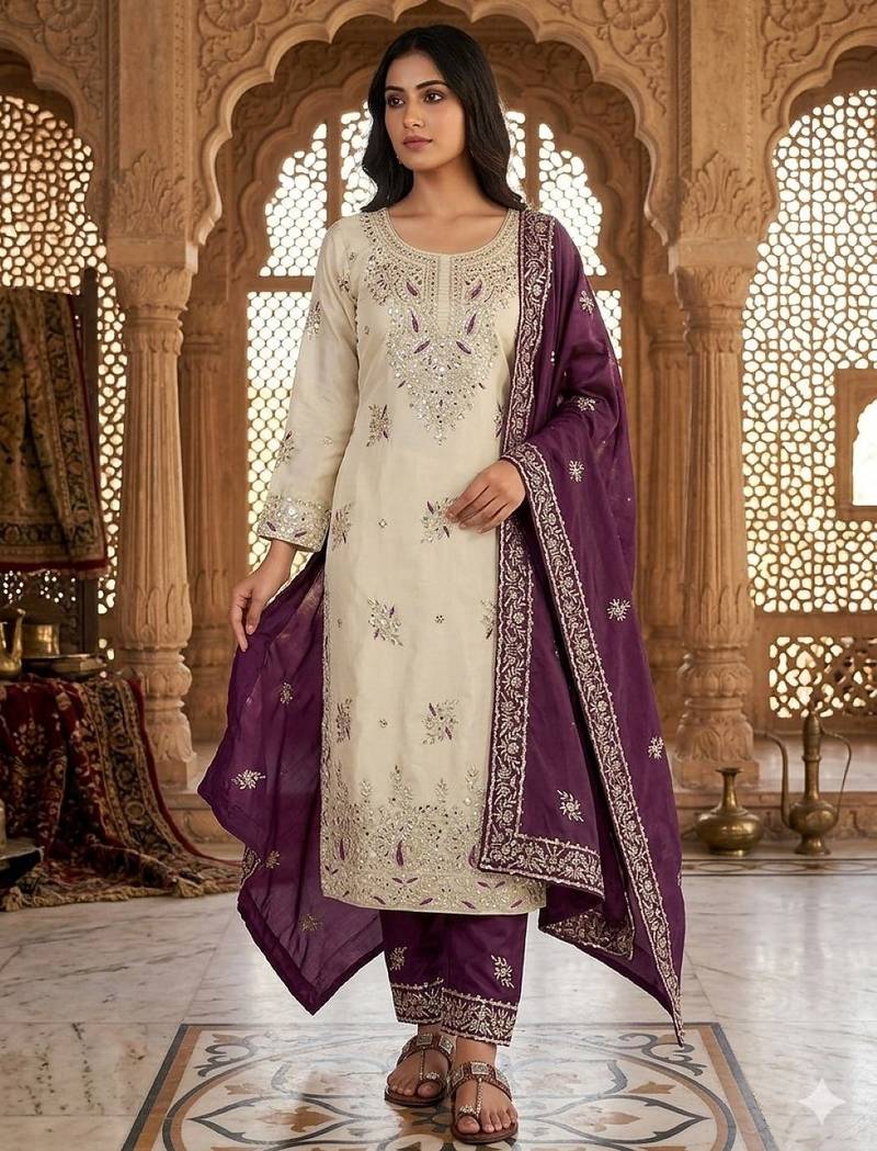 Purple silk readymade suit with embroidery & sequence work