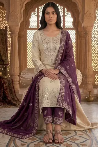 Purple silk readymade suit with embroidery & sequence work