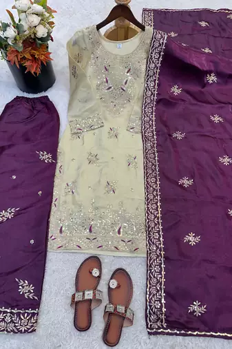 Purple silk readymade suit with embroidery & sequence work