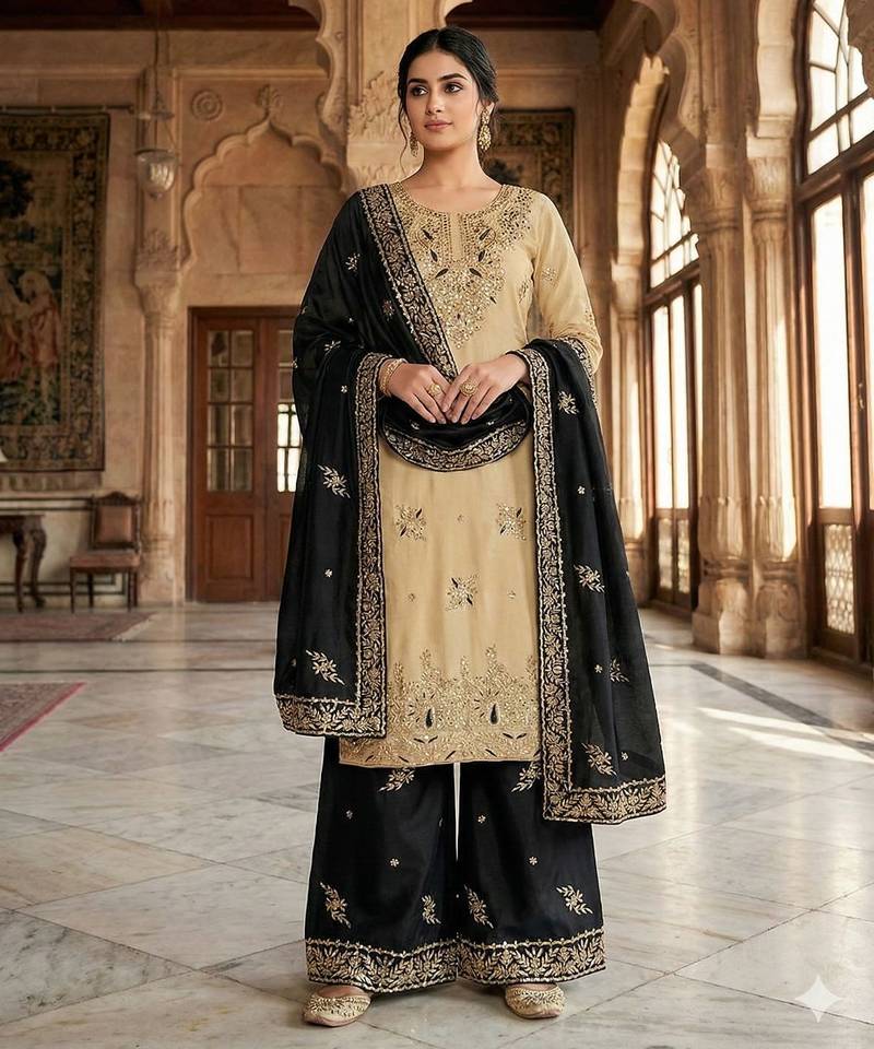 Black silk readymade suit with embroidery & sequence work