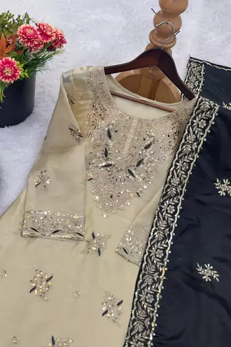 Black silk readymade suit with embroidery & sequence work