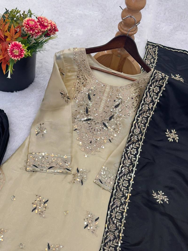 Black silk readymade suit with embroidery & sequence work